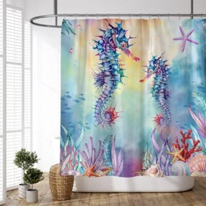 Seahorse Shower Curtain Nautical Ocean Beach Theme Watercolor Underwater Star... - Picture 1 of 4