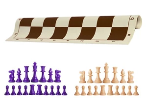 Purple & Natural Chess Pieces & 20" Brown Vinyl Board- Triple Weighted Chess Set - Picture 1 of 4