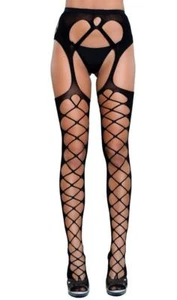 Diamond Cut Out Thigh Highs Lace Up Garter Belt Strappy Suspender Pantyhose 1938 - Picture 1 of 3