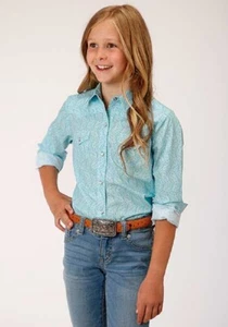 Girls long sleeve TURQUOISE PAISLEY PRINT BUTTON DOWN WESTERN SHIRT XS S M L XL - Picture 1 of 4