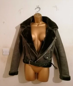 Dark Green Khaki Aviator Biker Buckle Faux Fur Fluffy Warm Coat Jacket 8 10 12 - Picture 1 of 12