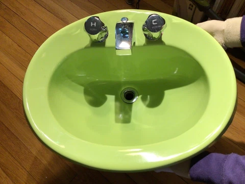 Vintage MCM Eljer Surface Mount Drop-In Groovy Green Apple Bathroom Sink &Faucet Cover