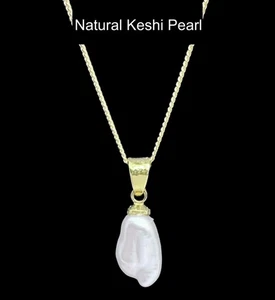 Baroque Keshi Pearl Pendant Real Pearl Gold on 925 Sterling Silver Bail & Chain - Picture 1 of 6