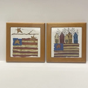 2 Primitive Americana Patriotic Bird House Tile Trivet & Wood Square Wall Art - Picture 1 of 9