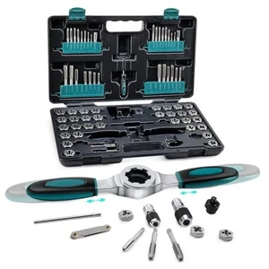 76-teiliges SAE/Metrisch Gewindebohrer- und Schneideisen-Set mit ausziehbarem Spezialeinsätzen Gewindebohrergriff,  - Bild 1 von 7