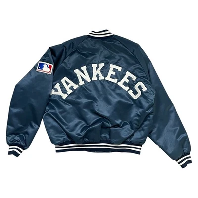 VTG 80s 90s MLB NEW YORK YANKEES CHALK LINE SATIN BOMBER JACKET Sz XL MAD IN USA - Image 1 of 4