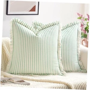 Throw Pillow Covers 20x20 Set of 2 Green Striped Pillow Covers with Fringe - Picture 1 of 7