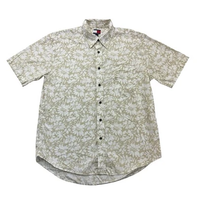 Camisa Tommy Hilfiger De Colección Para Hombre Grande L Beige Floral Hawaiana Abotonada Años 90 Foto 1 de 4