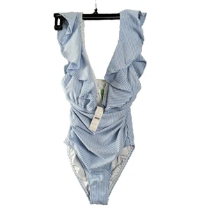 J Crew Swimsuit Size 2 Seersucker Ruffled Ruched Plunging Neck Blue BY352 Sexy - Picture 1 of 6
