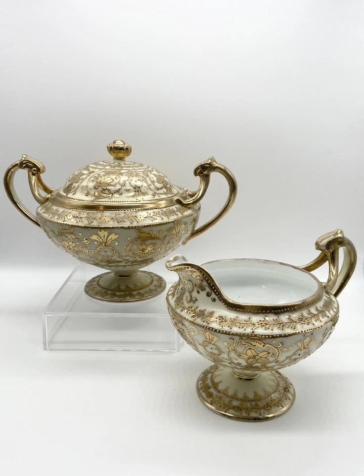C. 1891-1911 NIPPON Japan Large SUGAR BOWL & CREAMER Gold Gilt Moriage - Image 1 of 4