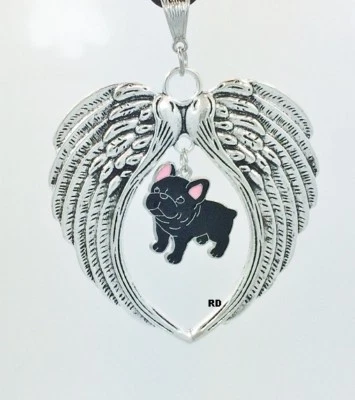 Bulldog Francés Negro Cachorro Perro Amantes Alas de Ángel Memoria Collar de Cuero Foto 1 de 3