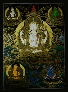 Pintura en rollo Chenrezig Thangka de lona de algodón pintada a mano detallada dorada - Imagen 1 de 10