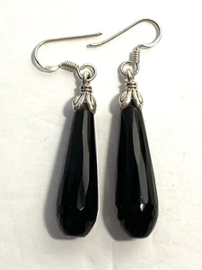 Schwarze Onyx Ohrringe 1,5" lang Haken 925 Silber Träne Tropfen Schutz Mut - Bild 1 von 11