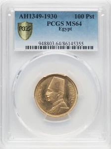 EGYPT , GOLD 100 PIASTRES KING FUAD 1930 - PCGS MS 64 , RARE13 - Picture 1 of 2