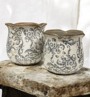 Blumentopf Pflanztopf Übertopf Clayre & Eef Gefäß Keramik Ranken Ornament Shabby - Bild 1 von 3