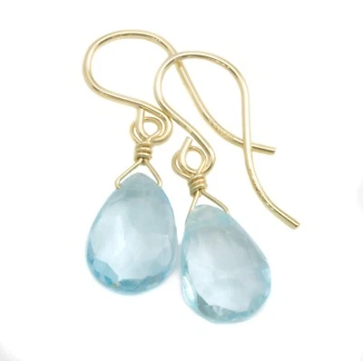 Pendientes Topacio Azul Suizo Oro 14k Gotas Naturales Esterlina Pequeños Facetados Delicados Foto 1 de 4