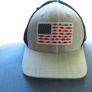 Gorra de malla Columbia PFG Fish Flag grande XL gris azul etiqueta de cuero Flexfit - Imagen 1 de 5