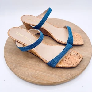 Stuart Weitzman Sandals Womens 11 Blue Leather Wedge Peep - Picture 1 of 12