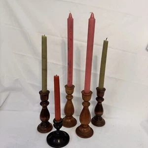 VTG Turned Wood Candle Stick Holders Set of 5 Tall Country Cottage Varied Tones - Picture 1 of 8