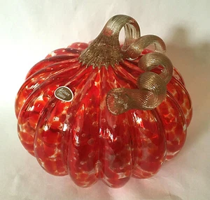NEW 7" wide RED Clear Swirl Art Glass Pumpkin Fall Thanksgiving Halloween - Picture 1 of 5