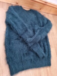 Extreme LONGHAIRED 100% Angora THICK WEAVE Ribbed DARK GREEN sweater jumper 44"