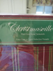 NIB Christmasville Plaid Metallic Fabric Tablecloth 60" X 104" Light Reflective - Picture 1 of 11