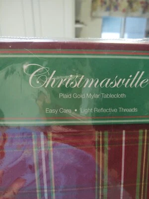 NIB Christmasville Plaid Metallic Fabric Tablecloth 60" X 104" Light Reflective - Image 1 of 4