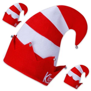 3 x Gorra de locos /-gorra roja-blanca-rayas con campanas + inscripción "¡KISS ME!" - Imagen 1 de 1