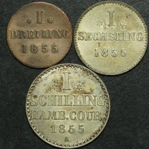 ALTDEUTSCHLAND: 1 Dreiling, 1 Sechsling & 1 Schilling 1855. STADT HAMBURG. - Bild 1 von 2