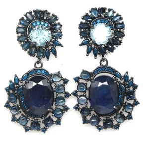 925Silber OHRRINGE Edelsteine  Saphir,2 beh. Außergewöhnlich schön 585schwarzgol - Bild 1 von 4