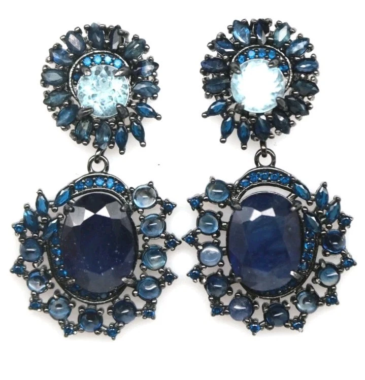 925Silber OHRRINGE Edelsteine  Saphir,2 beh. Außergewöhnlich schön 585schwarzgol - Bild 1 von 4