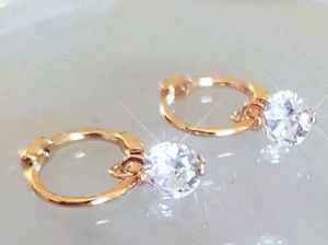 Crystals By Swarovski 14k Gold Overlay Solitaire Dangle Huggie Hoop Earrings - Picture 1 of 9