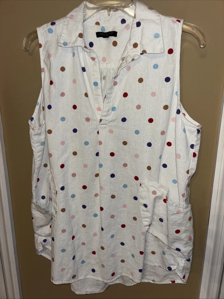 Para Cynthia 1X Túnica de Lino Blanca Lunares Popover Blusa Bolsillos Lagenlook Foto 1 de 4