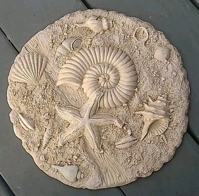 Wall Plaque Ammonite Starfish Shells 12" Cast Stone Cement Vintage Coastal Decor Foto 1 de 4
