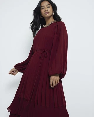 River Island Womens Midi Swing Dress Petite Red Pleated Long Sleeve Scoop Neck - Image 1 of 4
