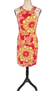 TAYLOR Silk Linen Dress SMALL Fuchsia Gold Bold Floral Sleeveless Sheath - Picture 1 of 14