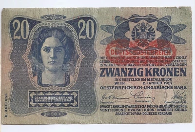Austria 20 kronen 1913 with AUFLAGE,  with overprint Deutschosterreich ND (1919) - Image 1 of 2