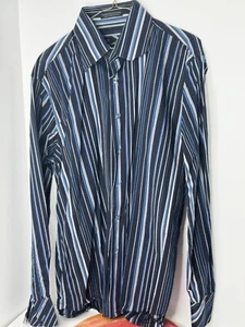 Camicia MBX Premium Goods uomo grande blu e nera a righe manica lunga abbottonata - Foto 1 di 3