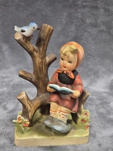 VTG JAPAN BISQUE LITTLE GIRL SITTING ON TREE W/BOOK AND BIRD FIGURINE. Read**40 - Picture 1 of 6