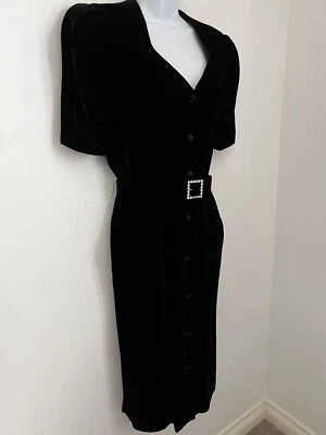 Vintage 90s Liz Claiborne Black Velvet Dress Midi Sweetheart Neckline 20 Silk Foto 1 de 4
