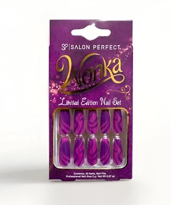 NUEVO Salón Perfecto WONKA ~ REMOLINO PÚRPURA Edición Limitada 30ct Pegamento Imitación Uñas Set Foto 1 de 4