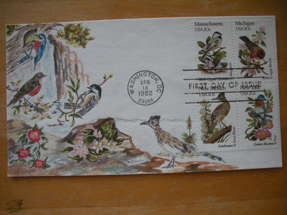Ham  painted FDC Showing lots os birds along with a block of stamps 1982 - Image 1 of 1