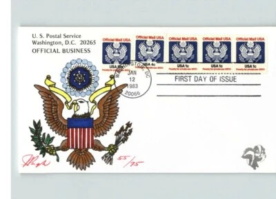 OFFICIAL MAIL, strip of 5 stamps, Eagle and Shield, + Enclosure by Pugh, FDC - Image 1 of 2