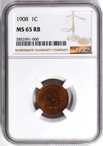 1908 BRONZE INDIAN HEAD CENT 1C NGC MS 65 RB - Picture 1 of 2