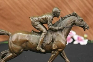 Horse Racing Fan Thoroughbred Jockey Racetrack Bronze Statue Sculpture Art Deco - Picture 1 of 12