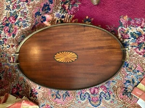 Antique Inlaid Wood Mahogany Walnut Tray Brass Handles Gallery Rail Edwardian - Picture 1 of 13