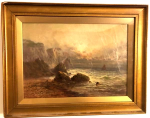 Pintura al óleo Moody de paisaje marino con barco c.1920, firmada en marco dorado original - Imagen 1 de 4