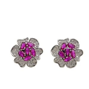 925 Sterling Silver 3x4mm Oval Ruby 3/4'' Flower Earrings Gemstone - Picture 1 of 2