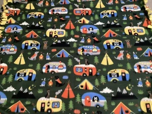 Handmade fleece tie blanket - Size 23”x24” Camping Trailer Green Multi NEW - Picture 1 of 3