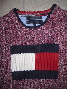 TOMMY HILFIGER Knit Big Logo Red White Blue Sweater Pullover LARGE 100% Cot USED - Picture 1 of 12